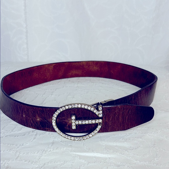 GUESS VINTAGE Brown Genuine Leather Belt with Rhinestone G Buckle. Size Small - Picture 1 of 9